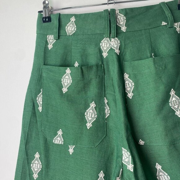 Zara NWT Green Wide-Leg Cropped Pants With White Embroidered Pattern XS - Picture 5 of 6
